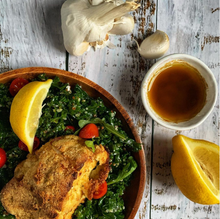 Load image into Gallery viewer, Image of healthy chicken and kale salad with lemon
